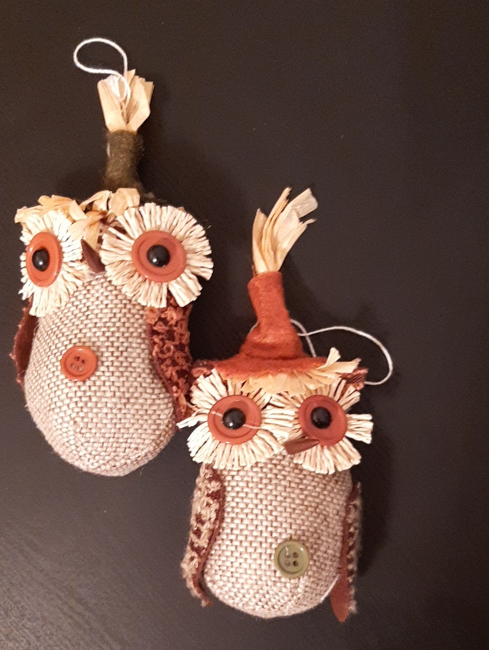 Handmade Burlap Owl Ornaments - Rust & Natural